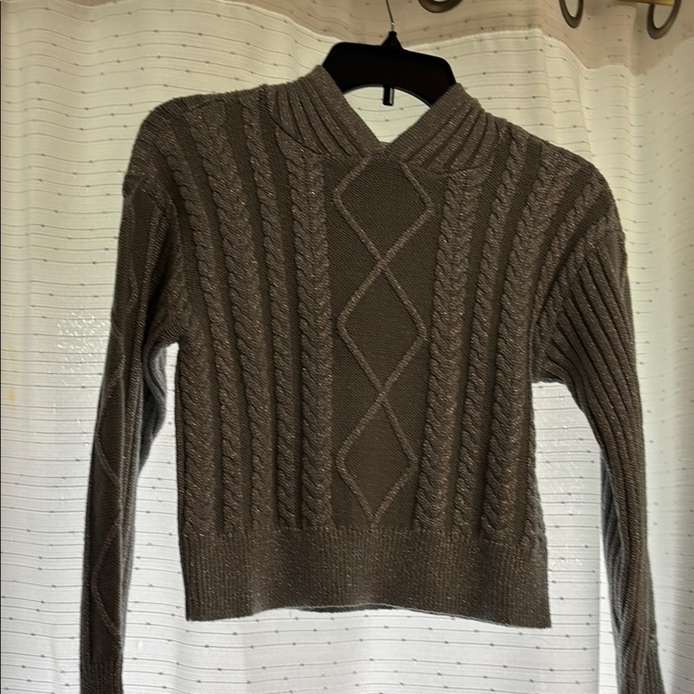 Silver V-Neck Cable Knit Sweater